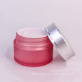 1oz Frosted pink cosmetic jar glass cream jar container with silver lid